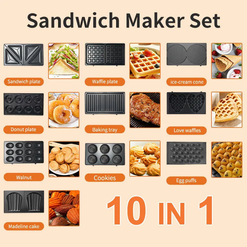 Mini Waffle Maker Machine - Многофункциональная сэндвичница 10-в-1 для дома, 220/110В,